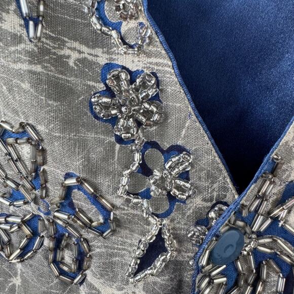 Vintage Hand Beaded Floral Silver and Blue Button Vest - Picture 4 of 7